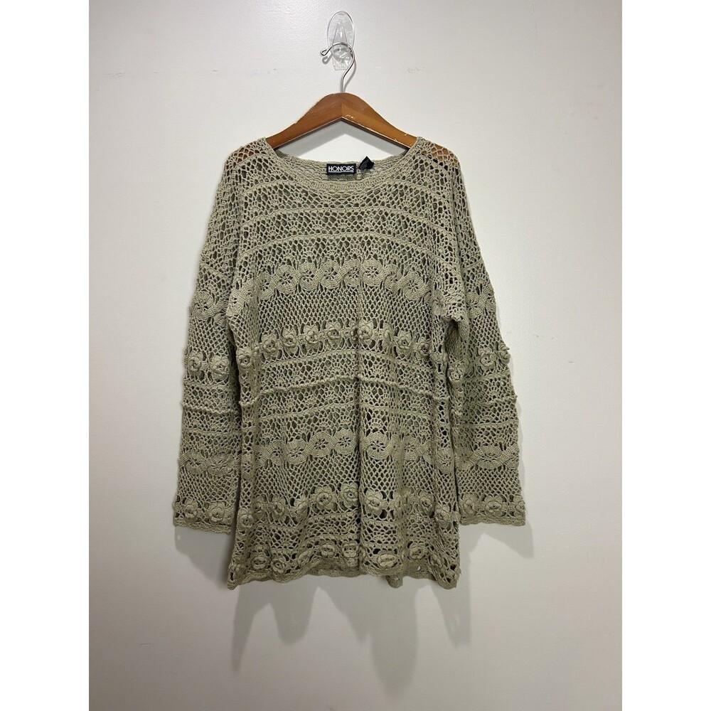 Honors VTG 90s Womens M Crochet Open Knit Floral Cotton Ramie Boho Cottage